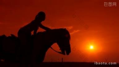 骑马剪影的女孩在马在日落
